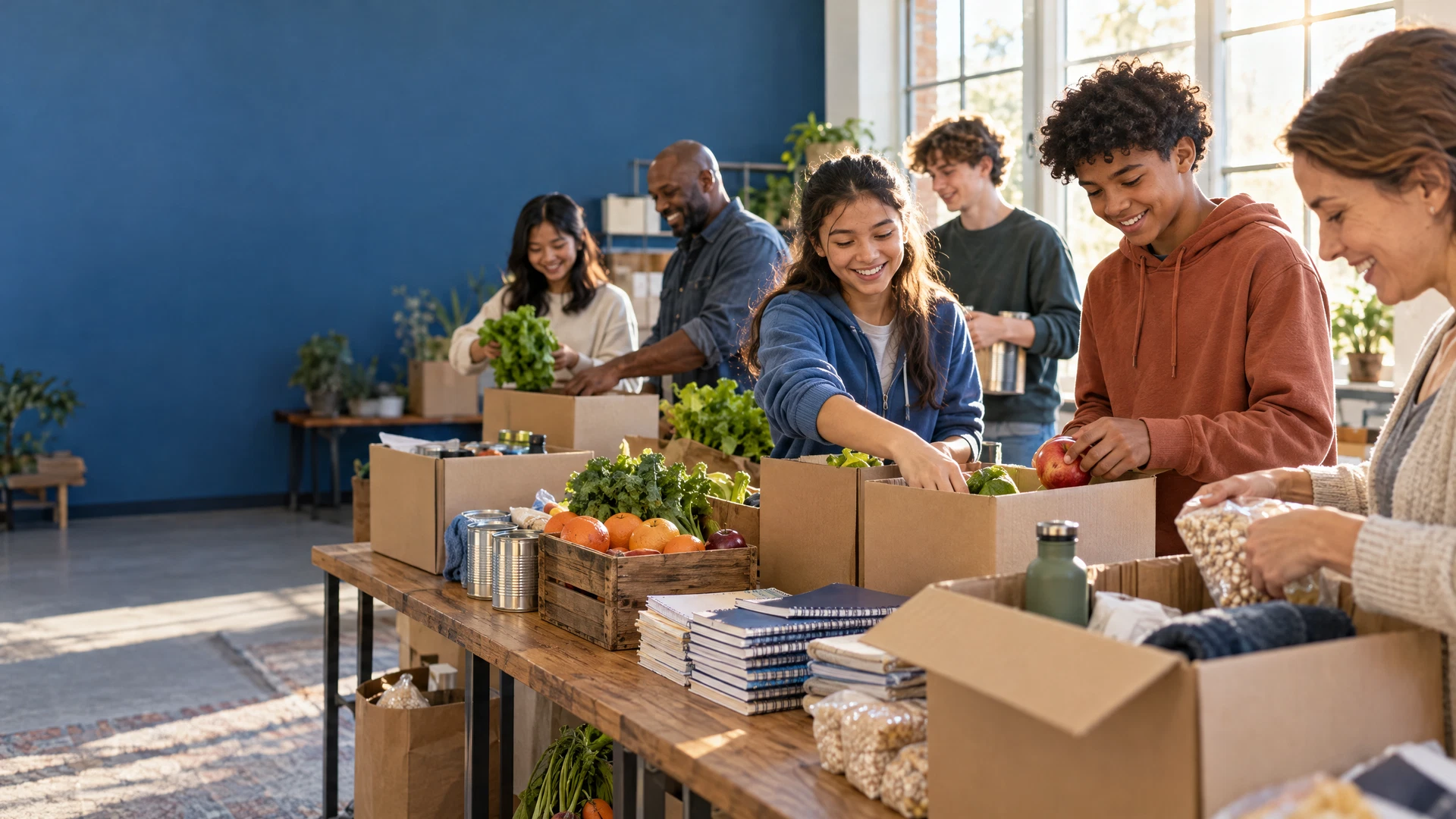 Student and adult volunteers preparing care packages together in a community room