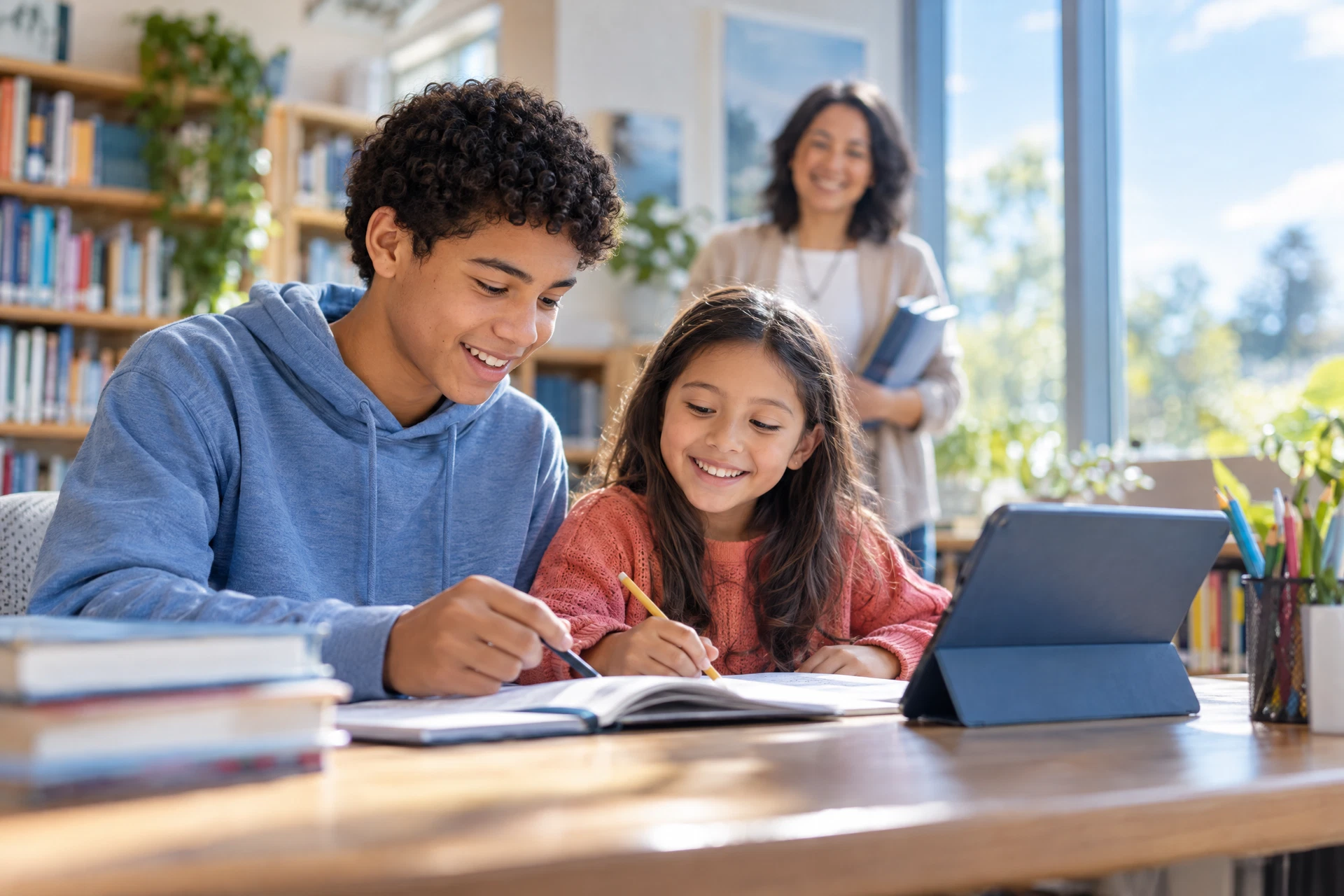 A student and child sharing learning materials at a sunny library table